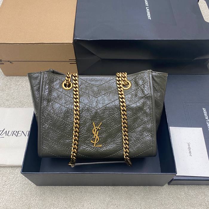 SAINT LAURENT 872680 カーフレザー ブラック、グリーン、ゴールド ハンドバッグ チェーン、ニキ 25x22x10cm サイズ:25x22x10cm