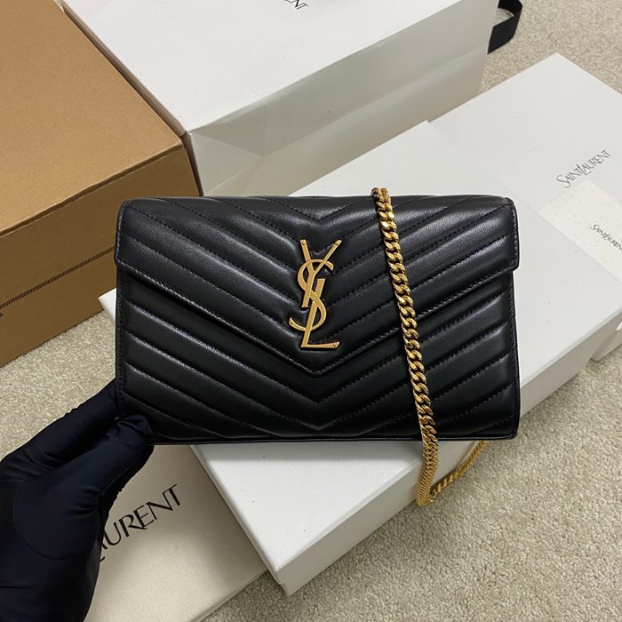 SAINT LAURENT 377828 ラムレザー ブラック、ゴールド ハンドバッグ チェーン、クラシック 14x5cm サイズ:22.5x14x4cm