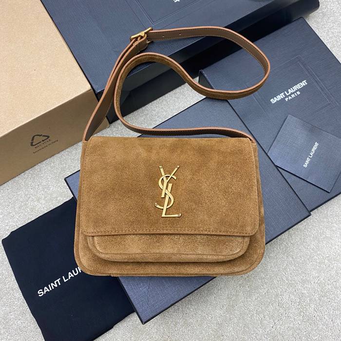 SAINT LAURENT 718556 カーフレザー、マット ブラウン、ゴールド、マット ハンドバッグ ニキ、クラシック 22x16cm サイズ:22x16cm