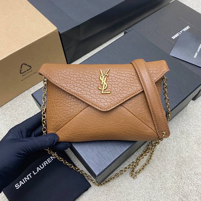 SAINT LAURENT 819271 ラムレザー、エレファント ゴールド、イエロー、キャラメル 斜め掛けバッグ、チェーンバッグ、封筒バッグ チェーン、封筒、カリプソ、ミニ 19x12cm サイズ:19x12cm