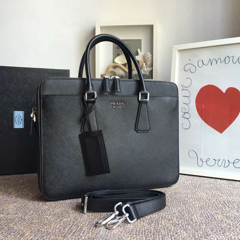 PRADA ブリーフケース クロスグレインレザー メンズ 36×28×5cm