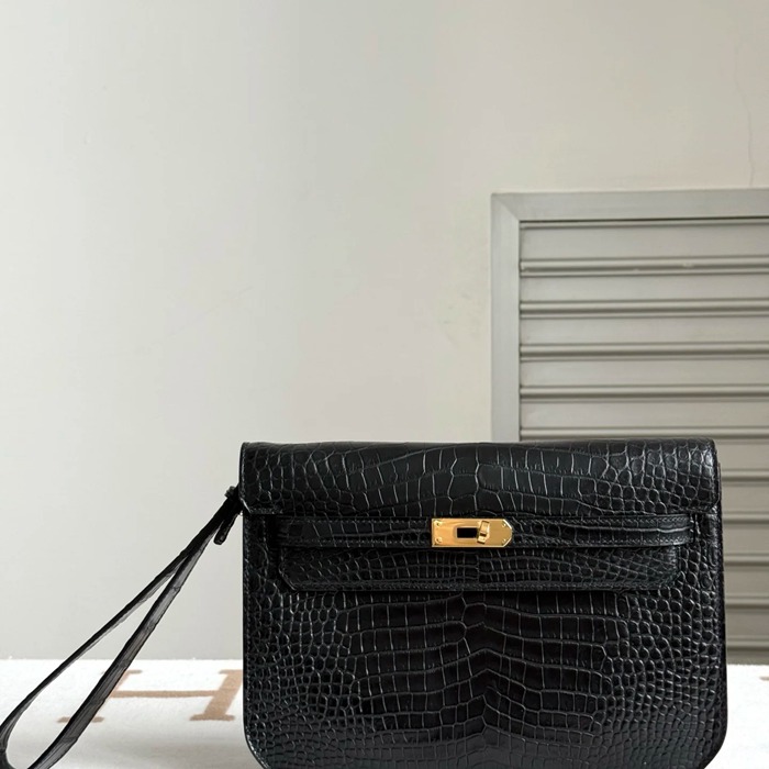 HERMES ケリー デペッシュ 25cm クラッチバッグ マットワニ腹皮 ブラック ゴールド金具 サイズ: