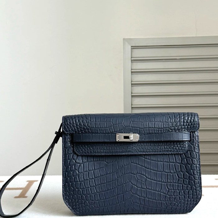 HERMES ケリー デペッシュ 25cm クラッチバッグ マットワニ皮 デニムブルー サイズ: