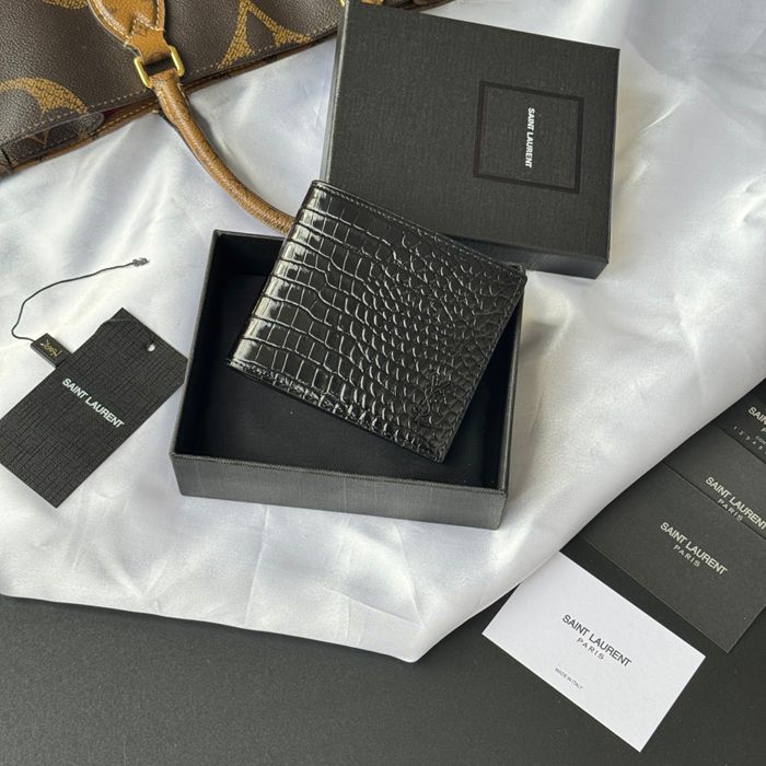 SAINT LAURENT 607727 メンズ対折り財布 ワニ紋 サイズ:11x9.5x2.5cm