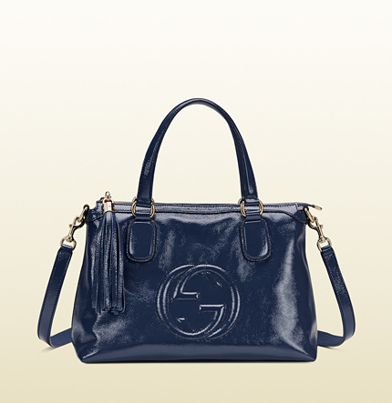 Authentic Gucci Soho Soft Patent Handle Bag Blue 308362