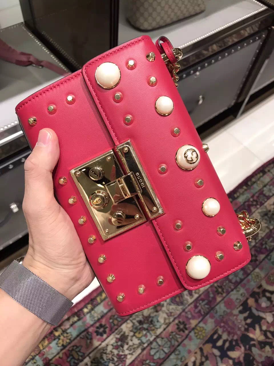 Gucci Padlock GG Pearl Studded Shoulder Bag 432182 Red